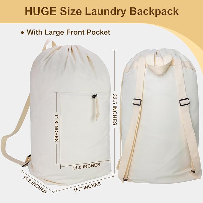 Laundry Bag Backpack, Canvas Laundry Bag with Straps & Drawstring Closure Washable Dirty Cloth Hamper Bag with Large Front Pocket for College, Travel, Laundromat, Camping (Beige, XX-Large)