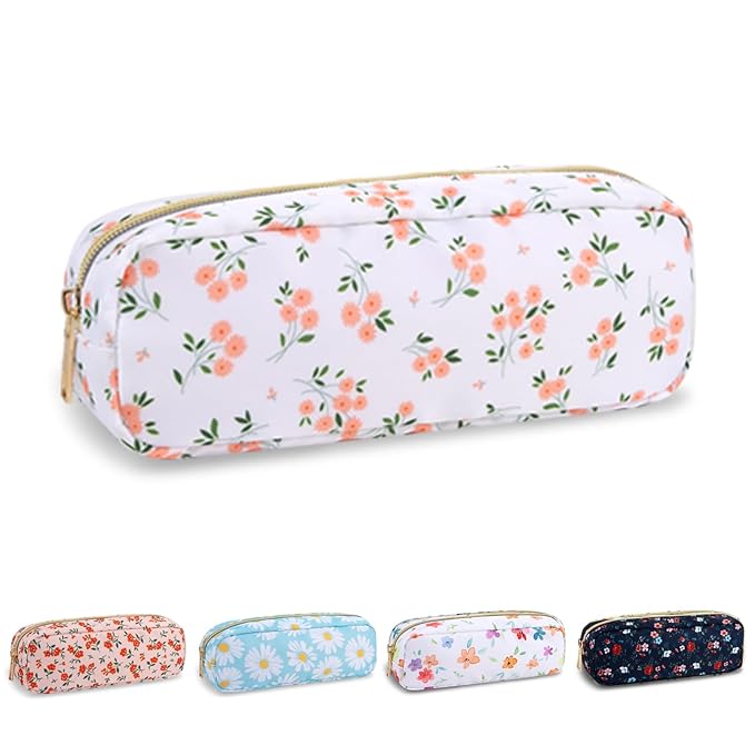 Waterproof Small Floral Pencil Case Makeup Bag for Purse,Cute Flower Pencil Pouch Preppy Nylon Makeup Brush Holder with Zipper,Girls Portable Storage Case Small Pen Bag for Work(Slim White-Flowers)