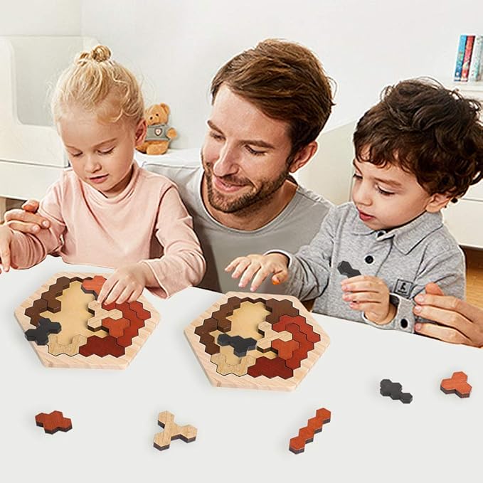 Skrtuan Wooden Hexagon Puzzle for Kids & Adults, Montessori STEM Educational Toy with Colorful Shapes, Logic IQ Brain Teaser Game for All Ages, Geometry Tangram Gift