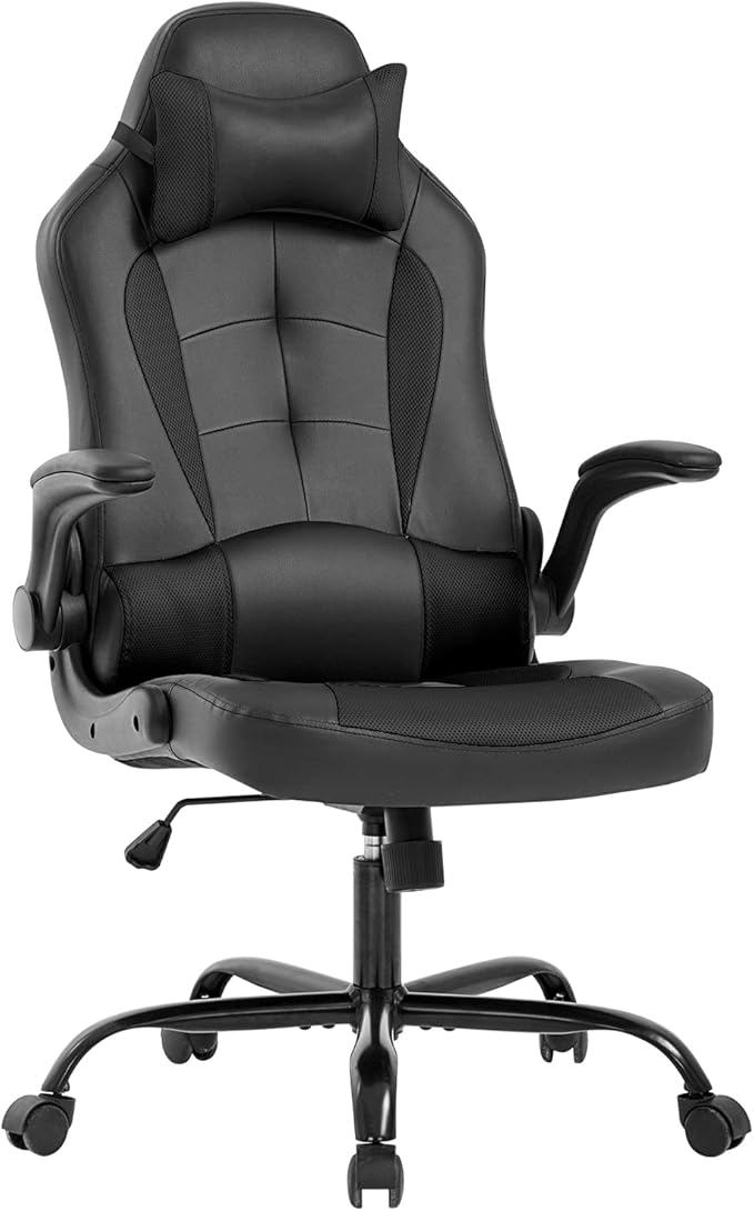 BestOffice PC Gaming Chair Ergonomic Office Chair Desk Chair with Lumbar Support Flip Up Arms Headrest PU Leather Executive High Back Computer Chair for Adults Women Men (Black)
