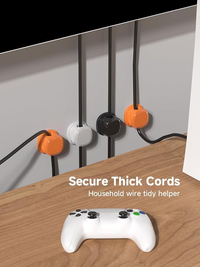 9 Pack Cord Organizer, Spring Cable Management, Adhesive Cute Cable Holder Clips, Phone Charger Wire Keeper for Desk Nightstand Car Office (9-Pack White_Orange_Black)