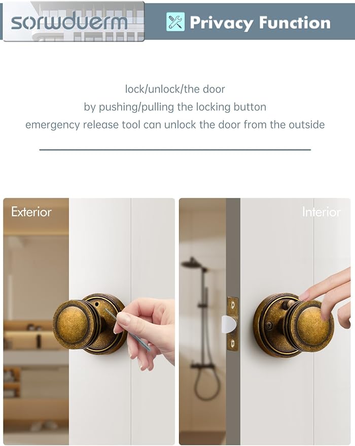 2 Pack Antique Brass Bronze Door Knob Interior Privacy Door Knobs with Lock Door Handle Bedroom and Bathroom Zinc Alloy