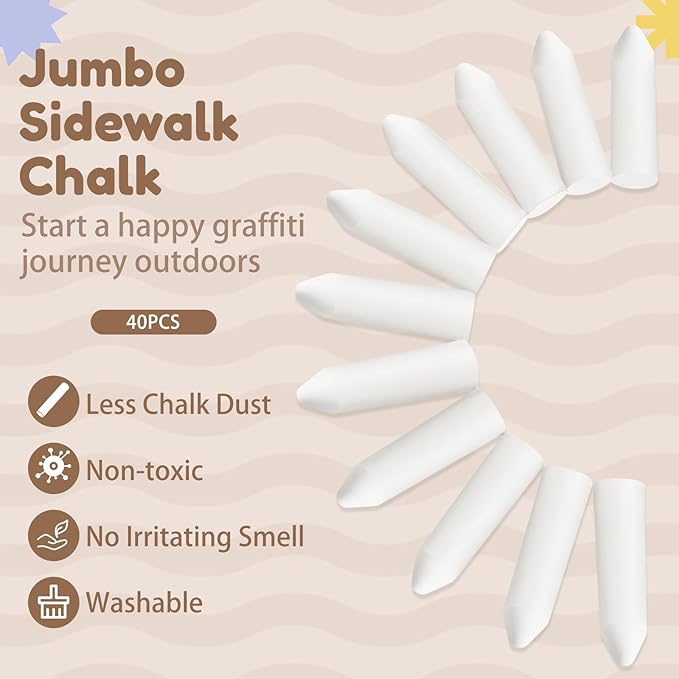 Fulmoon 40 Pcs Jumbo Sidewalk Chalk for Kids Outdoor Art Non Toxic Large Washable Street Chalk for Adults Drawing Painting Graffiti Classroom(White,Sharp Style)