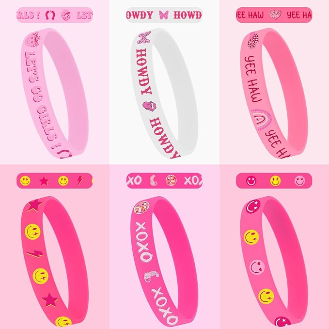 JUNEBRUSHS 42pcs Preppy Party Favors Bulk Pink Preppy Birthday Rubber Bracelets Silicone Wristband for Girls Students Birthday Party Favor Gift Supplies(6 Style)