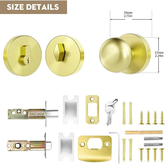 Gold/Brass Passage Door Knob and Deadbolt Set Interior/Exterior Door Knob with Single Cylinder Deadbolt Lock Set