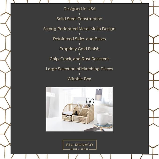 BLU MONACO | Gold Desk Organizer with Drawer | Metal Desktop Caddy with Six Compartments for Office Supplies | Stylish Desk Organizers and Accessories for Home or Office