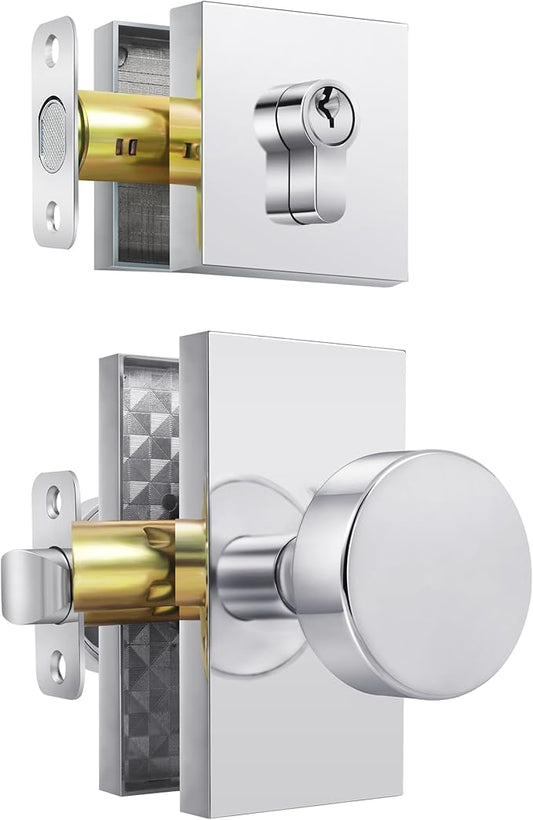 Polished Chrome Front Door Lock Set, Chrome Entry Door Knobs with Deadbolt Set Exterior Door Knob Door Handles with Key