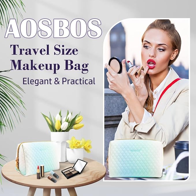 Aosbos Small Makeup Bag Travel Size Makeup Bag Cosmetic Travel Bag Cute Makeup Bags for Women Makeup Pouch Make Up Bag for Purse Gradient Green White