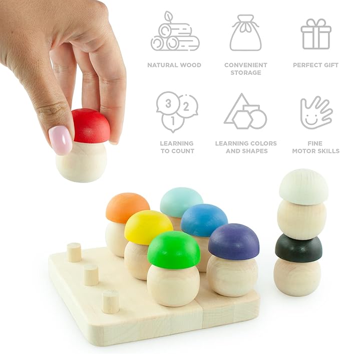 Ulanik Mushroom Glade Toddler Montessori Toys for 3 Year Old + Kids Wooden Mushrooms Game for Learning Color Sorting and Counting Preschool Education — 9 pcs