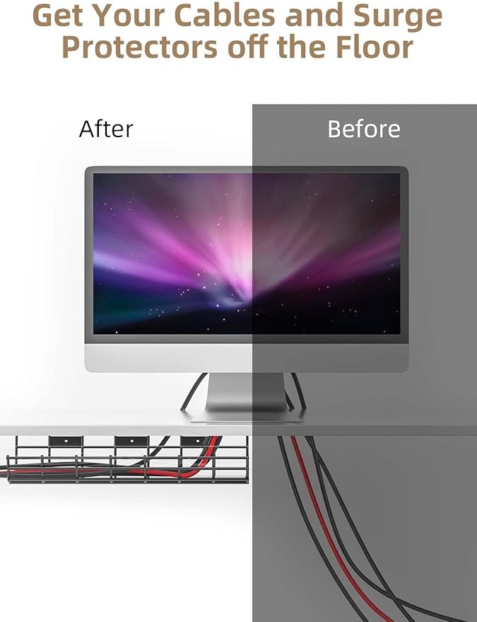 2 Pack DELAMU Under Desk Cable Management Tray, Large Metal Cord Organizer, Office & Home Cord Wire Management Under Desk Shelf, Easy Install Pre-drilled Cable Organizer, Black