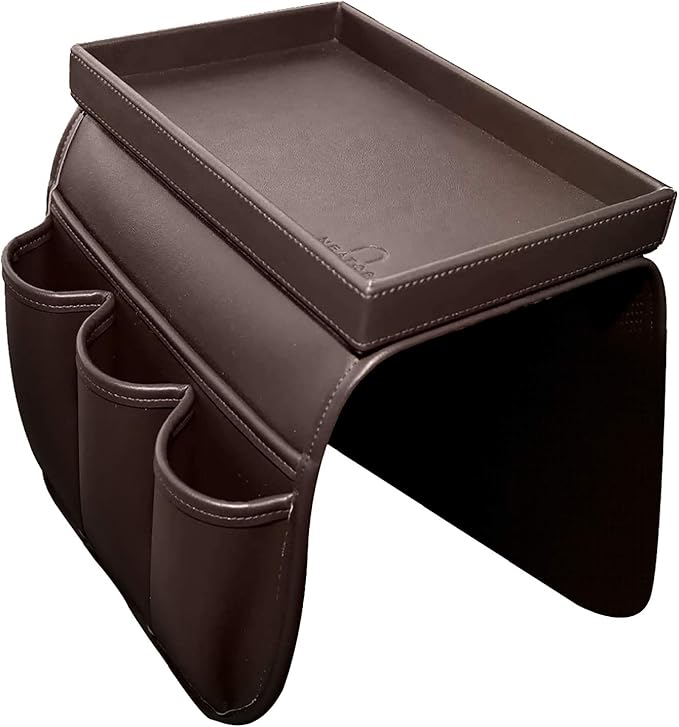 Couch Remote Caddy Control Holder Sofa Organizer with Detachable Wooden Snack Tray for Recliner Mattresses Chair Armrests with 4 Slots - 1 Large Pockets and 3 Small Pockets (Brown)