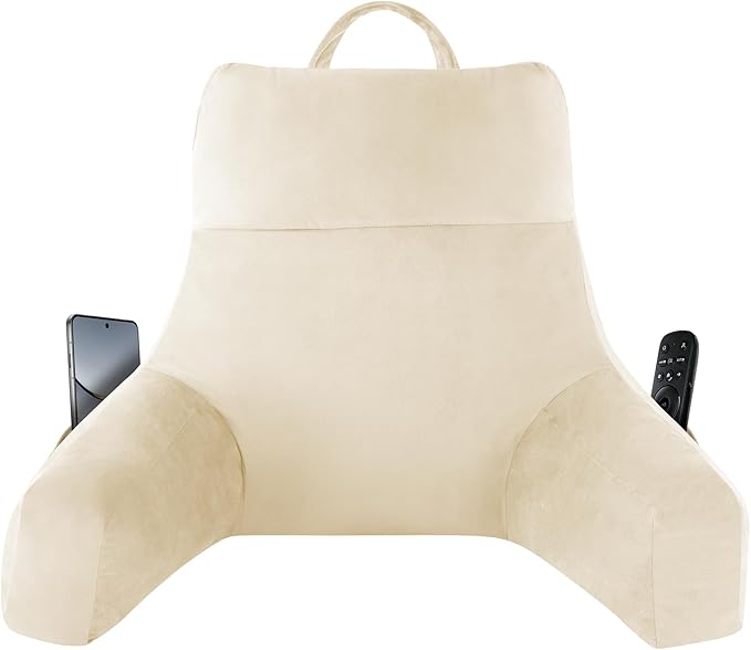 Back Pillow for Bed Sitting up, Reading Pillow for Sitting in Bed Adult, Back Support Pillow, Memory Foam Sit up Lounge Backrest Pillow with Arms for TV, Couch, Chair, Dorm, 18 Inch, Beige