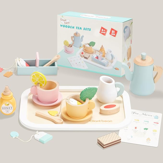Giant bean Kids Wooden Tea Set for Little Girls, 21 PCS Kitchen Playset Toys Gifts for Toddlers Kids Boys 1 2 3 4 5 6, Play Kitchen Accessories for Kids Tea Party