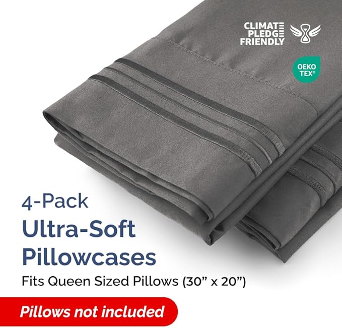 Queen Pillow Cases Set of 4 - Ultra Soft Hotel Quality Pillowcase Covers - Comfy, Cozy & Wrinkle Free - Shrinkage, Stain & Fade Resistant - Machine Washable Pillow Protectors - 4 Piece Set - Charcoal