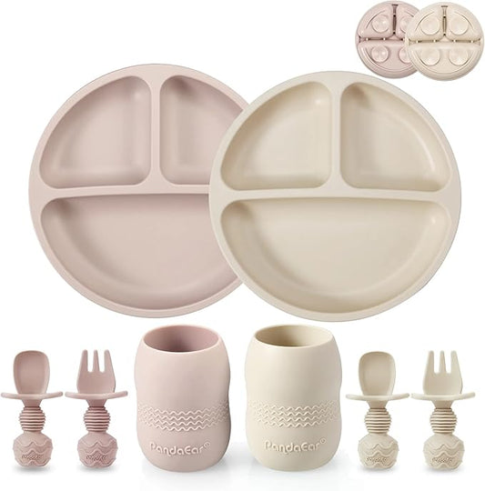 PandaEar Silicone Baby Feeding Set, 2 Pack - Divided Suction Plate, 2 Tiny Cup with Spoons, BPA Free, Light Tan/Pink