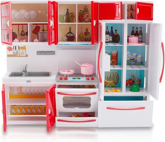 Gourmet Red Doll Modern Kitchen Mini Toy Playset with Lights and Sounds, Perfect for 12 Inch Dolls
