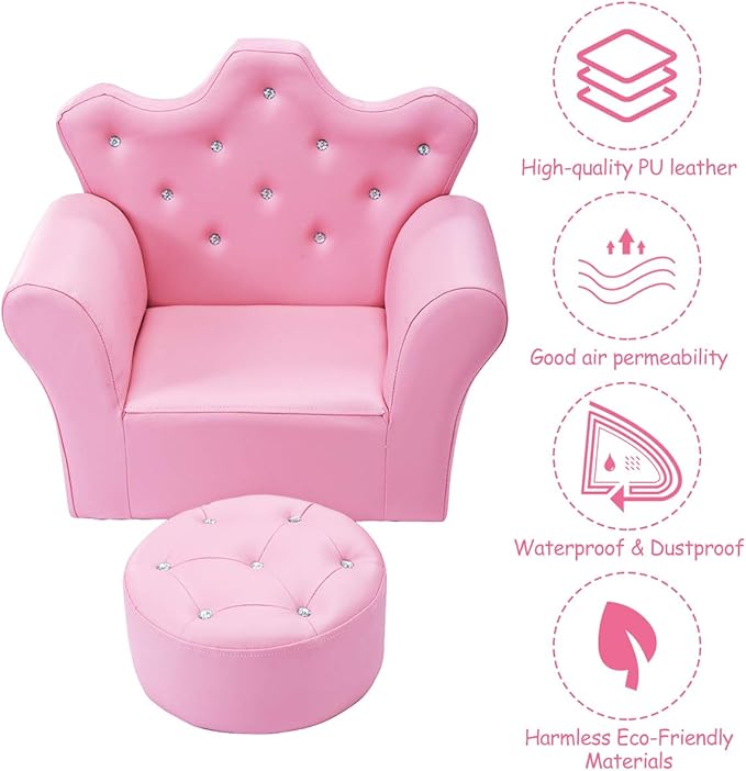 Costzon Kids Sofa, Children Upholstered Sofa with Ottoman, Princess Sofa with Diamond Decoration, Smooth PVC Leather Toddler Chair, Kids Couch for Boys and Girls, Gift for Toddlers (Pink)