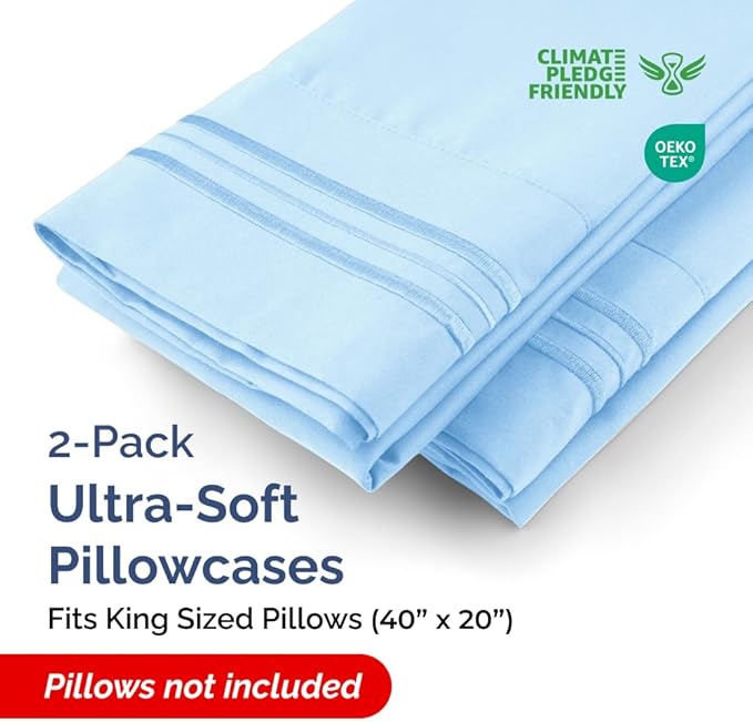 King Pillow Cases Set of 2 - Ultra Soft Hotel Quality Pillowcase Covers - Comfy, Cozy & Wrinkle Free - Shrinkage, Stain & Fade Resistant - Machine Washable Pillow Protectors - 2 Piece Set - Light Blue