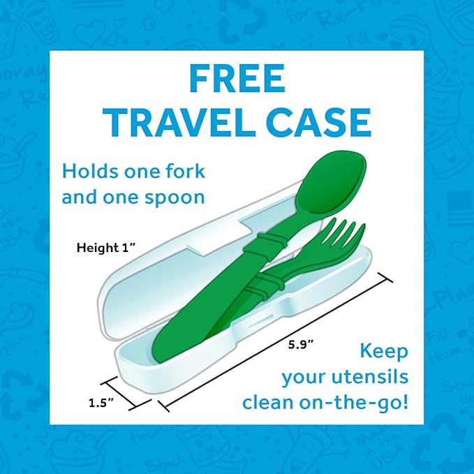 Re-Play Made in USA Toddler Forks and Spoons, Pack of 8 With Carrying Case - 4 Kids Forks with Rounded Tips and 4 Deep Scoop Toddler Spoons - 0.2" Thick Toddler Utensils with Case, Monochrome