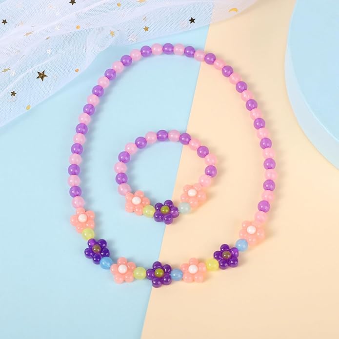 Girls Jewelry Set - Cute Flower Beads Necklace Bracelet-Toddler Girls Flower Jewelry - Stretchy Chunky Costume Jewelry Present Toy-Purple