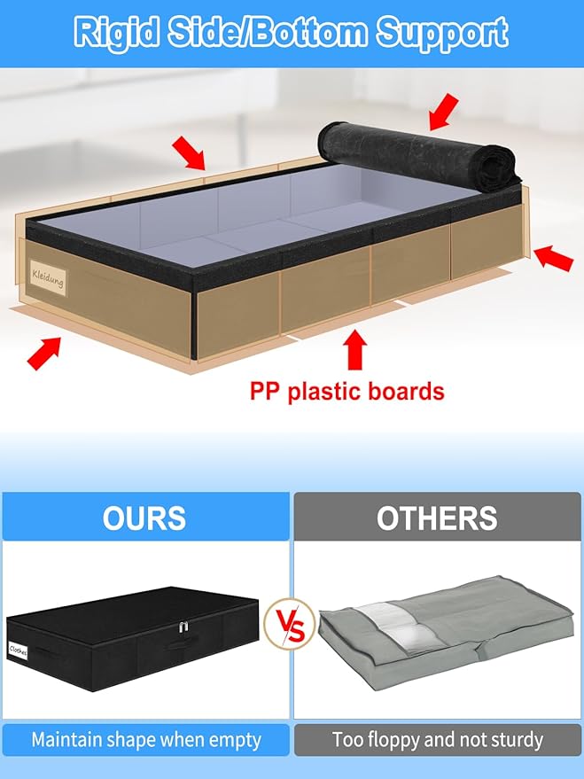 boailydi Under Bed Storage Bags with Zipper, 7 Inch Tall Underbed Storage Containers with Rigid Sides & Bottom,30x15x6.7 Inches, Large Clothes Organizer Box for Bedroom, Dorm, Couch, Black