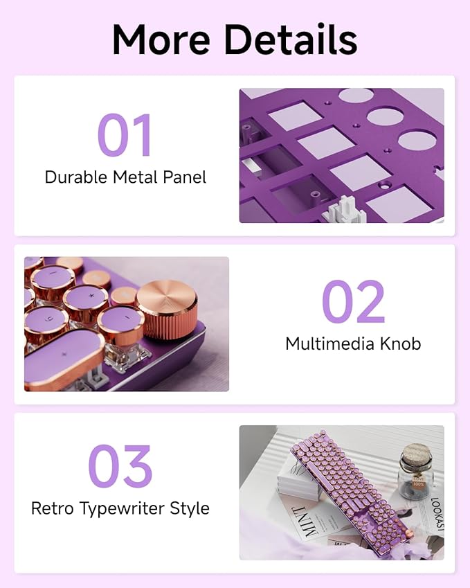 EWEADN Typewriter Style Mechanical Keyboard, Wired Typewriter Keyboards,104 Keys Backlit LED Metal Keyboards, Media Control Knob, Wired Computer Keyboard Pink Switch for Windows/Mac/PC-Purple
