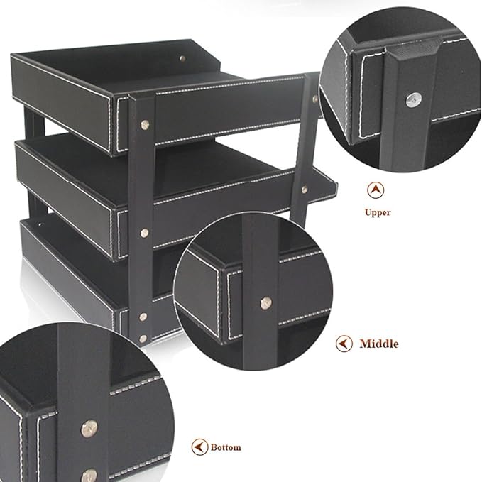 KINGFOM Letter Tray, Leather Paper Organizer Tray, Wooden Desk File Holder, Desktop File, Stackable Magazine Holder, Mail Sorter, Great for Home or Office - 3 Level Black