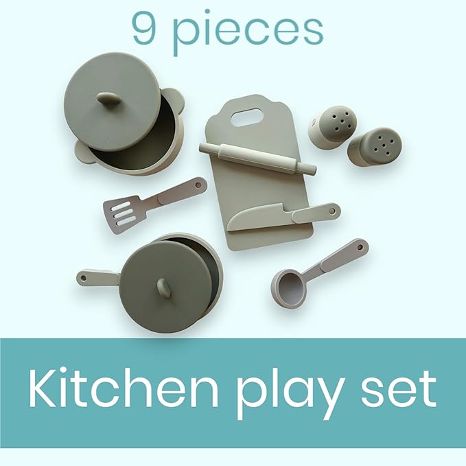 Kids Kitchen Silicone Pretend Toys- 9pcs Play Kitchen Accessories Set with Cookware -Food Grade Silicone -Kids Toy Kitchen Accessories – Pretend Play Kitchen Toy Set for Cooking-Green
