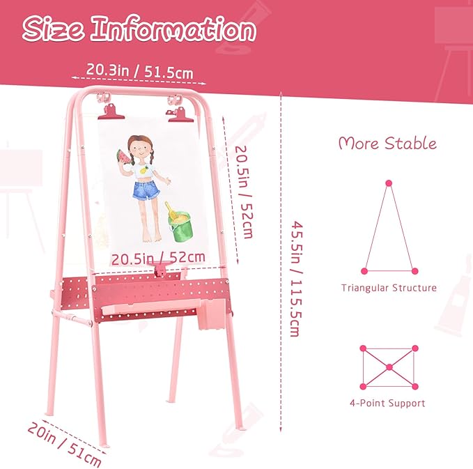 FUNLIO Foldable Outdoor Easel for Kids Aged 3+, Waterproof & Sunproof Kids Easel with 2 Acrylic Boards, Double-Sided Kids Easel with 21 pcs Accessories, Portable & Stable - Pink