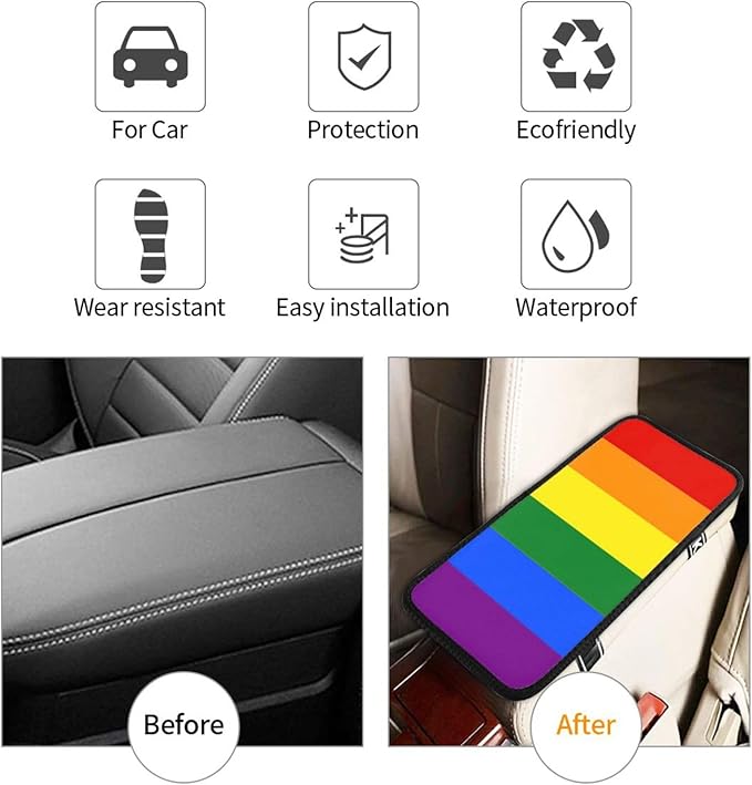 DORKEIXIA Rainbow Gay Pride Flag LGBT Auto Center Console Armrest Pad Universal Car Center Console Cover Seat Box Cover for Sedan, Van, SUV, Truck Car Accessorie