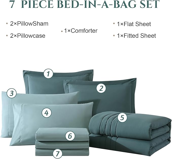 Monbix Oversized King Size Comforter Set - 7 Pieces Blue Green Bed in a Bag Oversized King Bedding Sets with Comforters, All Seasons Comforter Bed Set with Sheets, Pillowcases & Shams