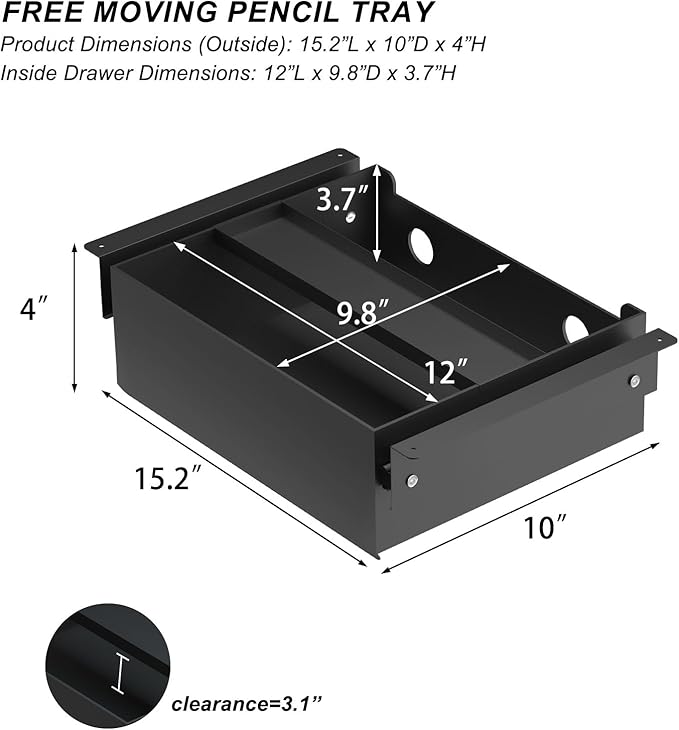 Under Desk Drawer(15.2''x10''x4'') with Sliding Pencil Tray, Desk Mounted Sliding Pull-out Drawer for Office Desk Drawer Attachment, Extra Storage Organizer for Sit Stand Workstation