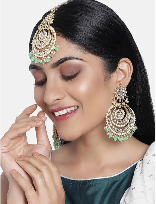 Aheli Bollywood Ethnic Chandbali Style Big Earrings Maang Tikka Set Traditional Fashion Jewelry Gift for Women