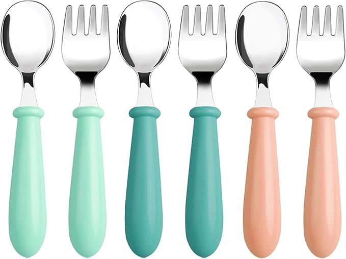 Pimoys 6 Pieces Toddler Utensils Stainless Steel Baby Forks and Spoons Set Kids Silverware Children's Flatware Metal Cutlery Set with Round Handle, 3 x Cute Forks,3 x Children Spoons