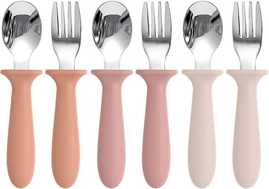 Toddler Spoons and Forks Set, 6 Pack Kids Silverware with Silicone Handle, BPA Free, 18/8 Stainless Steel Children Safe Toddler Utensils, Dishwasher Safe