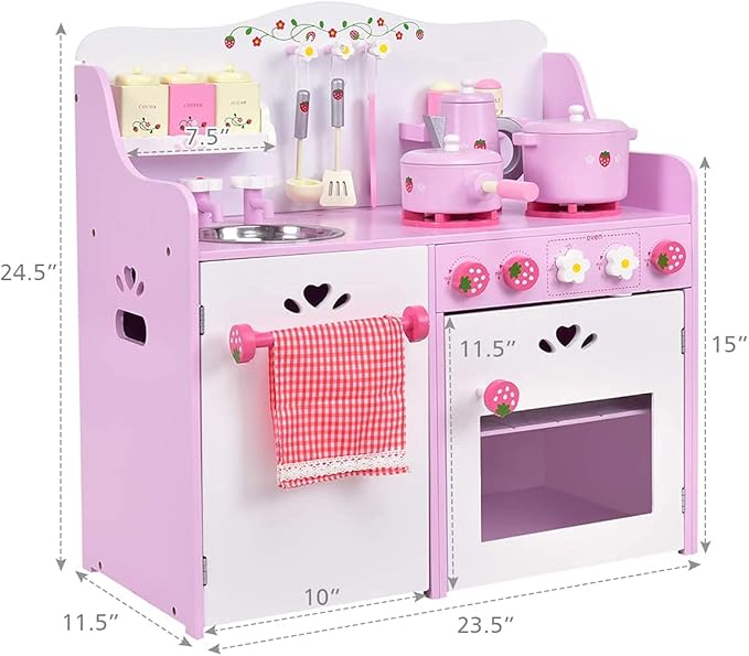 Fireflowery Wooden Play Kitchen, Play Cooking Set w/Sink, Stovetop, Fridge, Microwave, Pretend Kid Kitchen Set for Toddlers, Gift for Ages 3+
