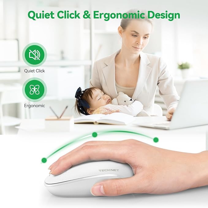TECKNET Wireless Mouse for Laptop, 2.4G Quiet Computer Mouse with USB Receiver, 4 Buttons Portable Cordless Mice for Chromebook, Laptop, PC, Mac, 800/1200/1600 DPI - White