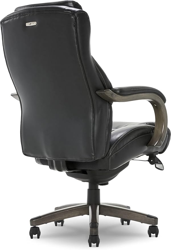 La-Z-Boy Delano Big & Tall Executive Office Chair, High Back Ergonomic Lumbar Support, Bonded Leather, Black with Weathered Gray Wood