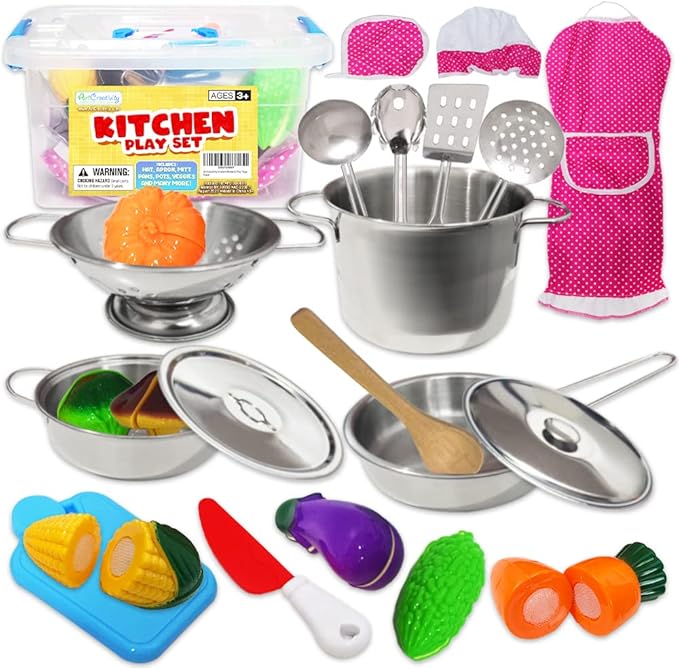 ArtCreativity Pretend Play Kitchen Set for Kids, 23-Piece Kids’ Kitchen Playset with Pots, Pans, Chef Hat, Apron, Utensils, Knife Toy, Pretend Play Food, & More, Kids’ Kitchen Playset for Hours of Fun