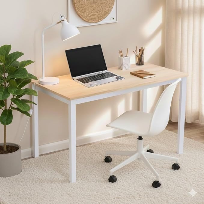 47 inch Large Computer Desk Wood, Modern Simple Style Desk for Home Office, Bedroom, Study Student Writing Desk, Small Spaces, White Metal Frame, Apple Wood Grain Top