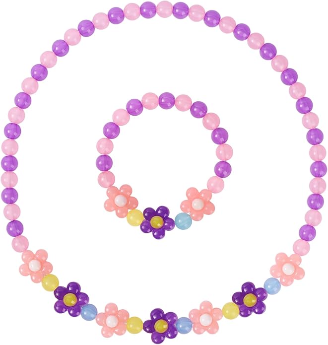 Girls Jewelry Set - Cute Flower Beads Necklace Bracelet-Toddler Girls Flower Jewelry - Stretchy Chunky Costume Jewelry Present Toy-Purple