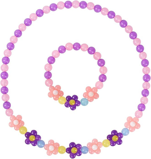 Girls Jewelry Set - Cute Flower Beads Necklace Bracelet-Toddler Girls Flower Jewelry - Stretchy Chunky Costume Jewelry Present Toy-Purple