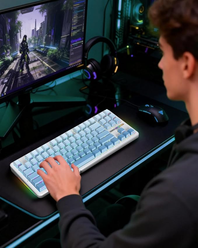 Aula F87 Pro Gaming Keyboard, Tri-Mode BT5.0/2.4GHz/USB-C Hot-Swappable RGB Wireless Mechanical Keyboard, Gasket Mount, 8000mAh, for Windows/Mac Gamer & Typists（LEOBOG Gray Wood Switch V4）