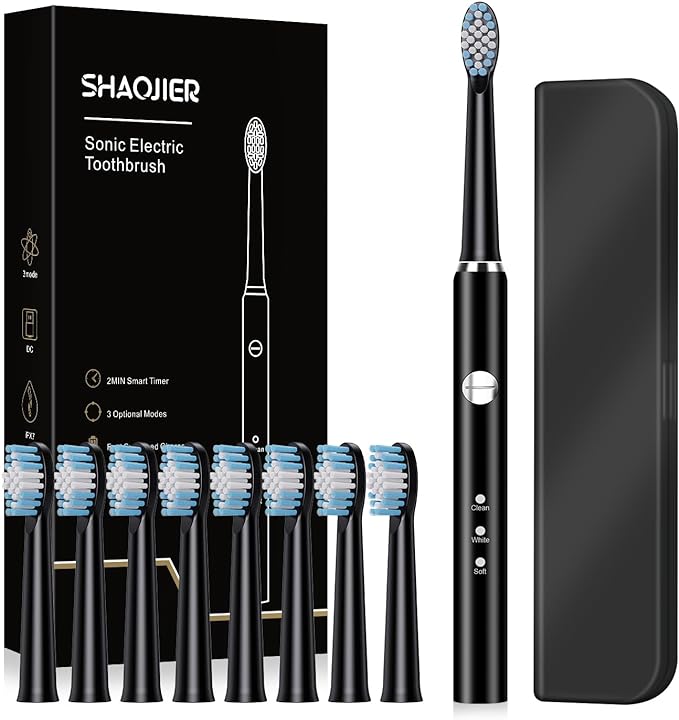 Electric Toothbrush, with 8 Replacement Brush Heads and 1 Travel Box,Sonic Toothbrush for Adults and Kids,Portable Rechargeable Toothbrush for Travel (Black)