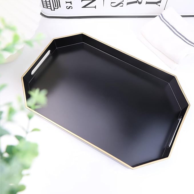 Omuriko Black Decorative Tray with Handles, Octagon Versatile Serving Tray for Coffee Table, Ottoman, Ideal for Serving, Displaying, Organizing