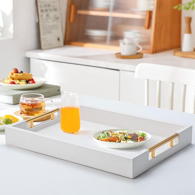SYYSY White Decorative Tray for Coffee Table, Modern Large Ottoman Tray for Living Room,Drink Coffee Serving Tray