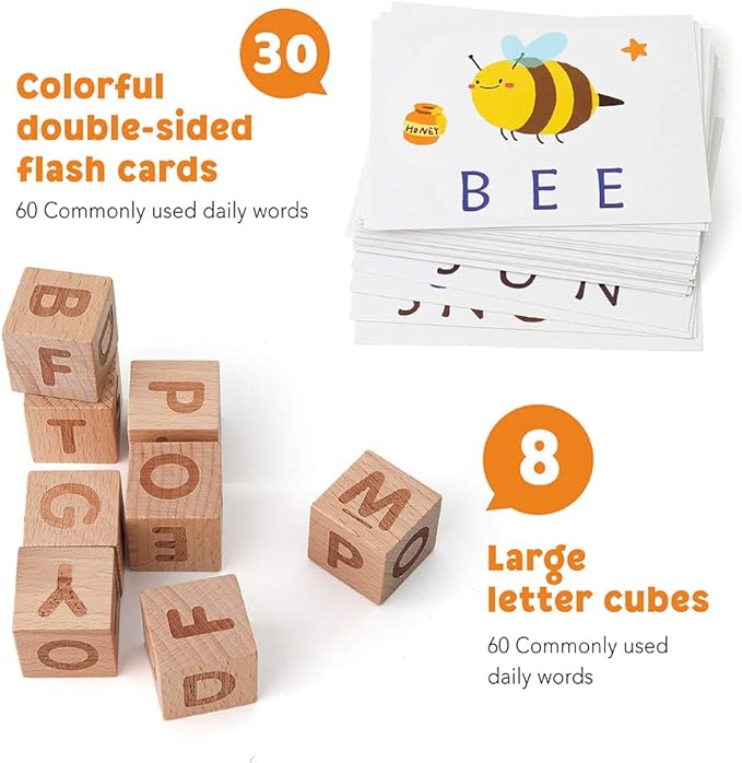 Coogam Spelling Games, Wooden Matching Letters Toy with Flash Cards Words, Montessori ABC Alphabet Learning Educational Puzzle Gift for Preschool Boys Girls Kids Age 3 4 5 Years Old