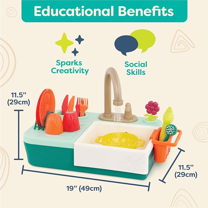 B. toys- Splash-n-Scrub Sink- Pretend Play Color Changing Playset – Toy Kitchen Sink – Faucet & Running Water, Dishes, Play Food- 3 Years + (15 Pcs)