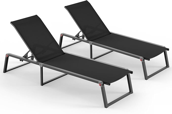 Aluminum Chaise Lounge Outdoor Set of 2, Foldable & Assembly Free Patio Pool Lounge Chairs 5-Position Recliner for Outside Poolside, Fully Grounded Legs Sun Lounger for Beach, Yard, Black