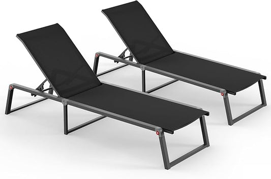 Aluminum Chaise Lounge Outdoor Set of 2, Foldable & Assembly Free Patio Pool Lounge Chairs 5-Position Recliner for Outside Poolside, Fully Grounded Legs Sun Lounger for Beach, Yard, Black